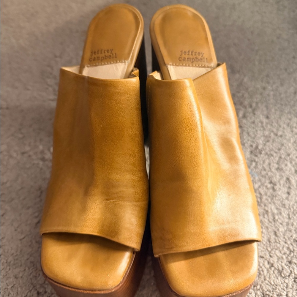 Jeffrey Campbell Mustard Tan Leather Slide Mules